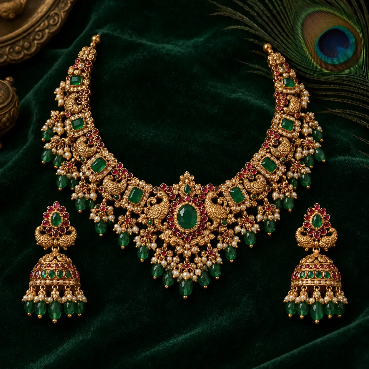 Peacock-inspired emerald necklace set